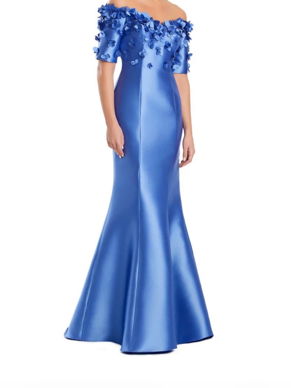 Off-Shoulder Periwinkle Blue Evening Gown with Floral Appliqué